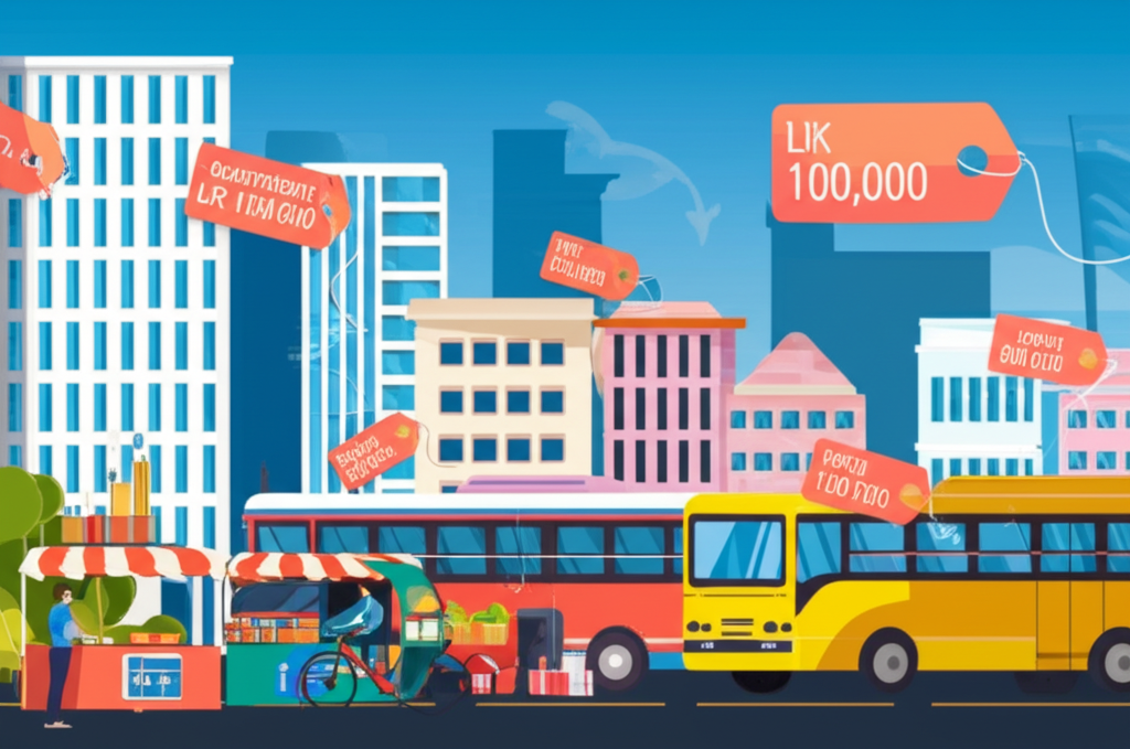 Illustration of Colombo city and icons representing monthly living expenses