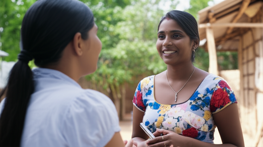 A microfinance officer empowering a small business owner in Sri Lanka, representing LOLC's core mission.