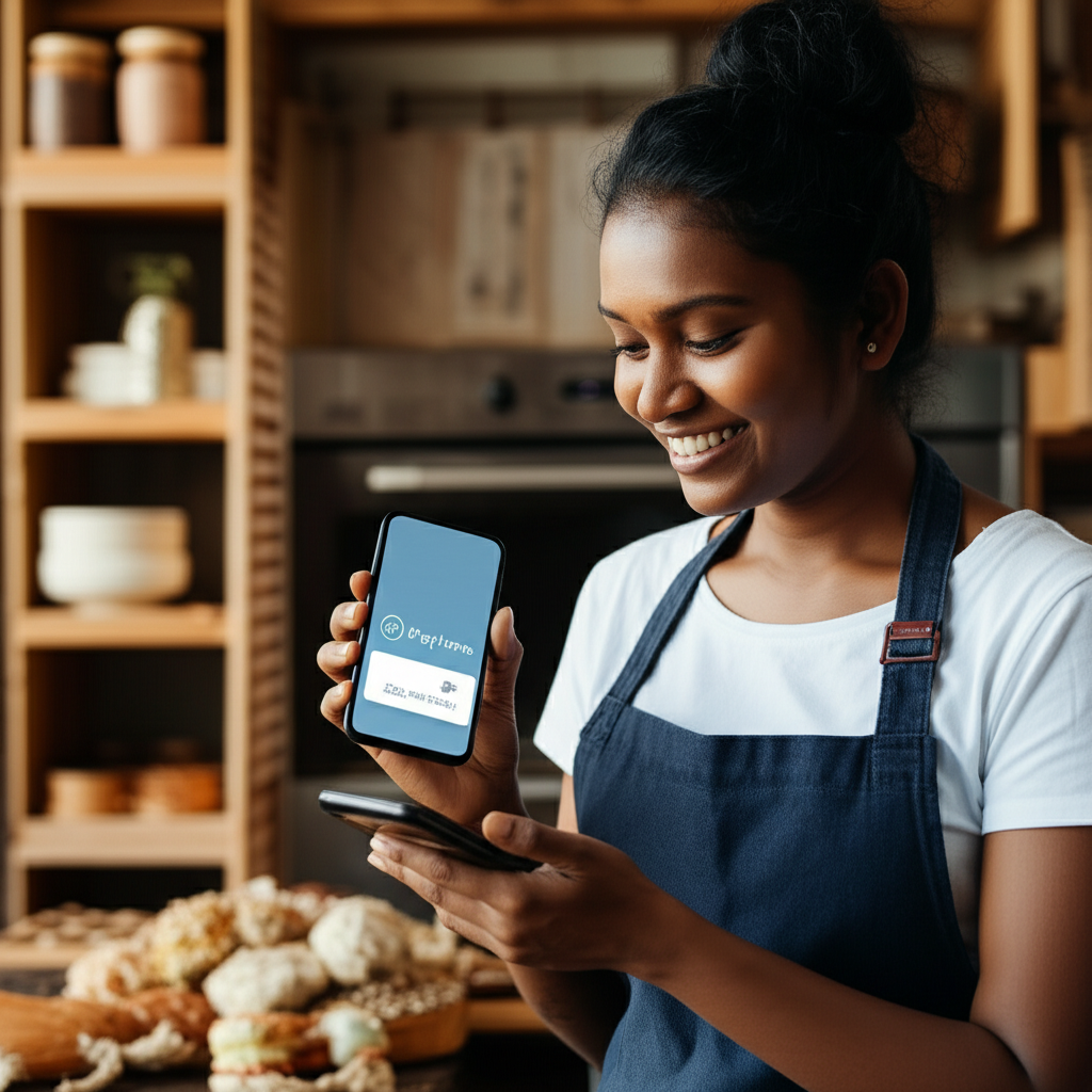 A happy Sri Lankan entrepreneur receiving a digital payment notification on their phone.