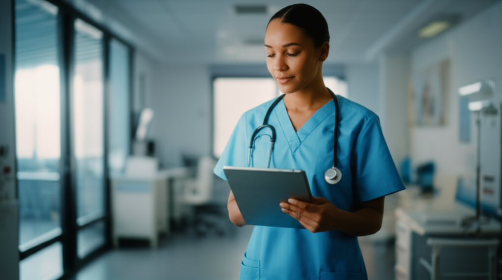 A nurse reviewing patient information, representing the professional standards required in the UK and NZ.