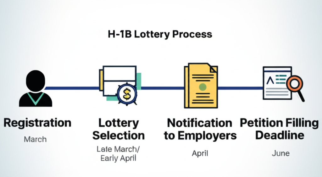 Timeline of the H-1B visa lottery process for applicants.